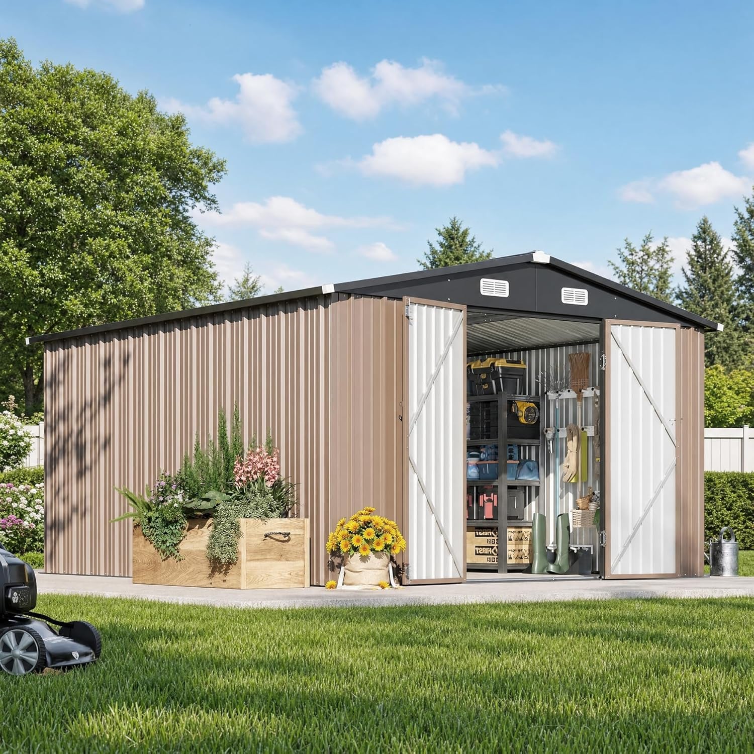 1f3a61a1964355abb36cc3aa7e8afd0f.jpg Aoxun 12x10 FT Outdoor Storage Shed - Metal Garden Shed with Double Hinged Doors for Lawn Tools, Bikes & Patio Furniture - Image 1