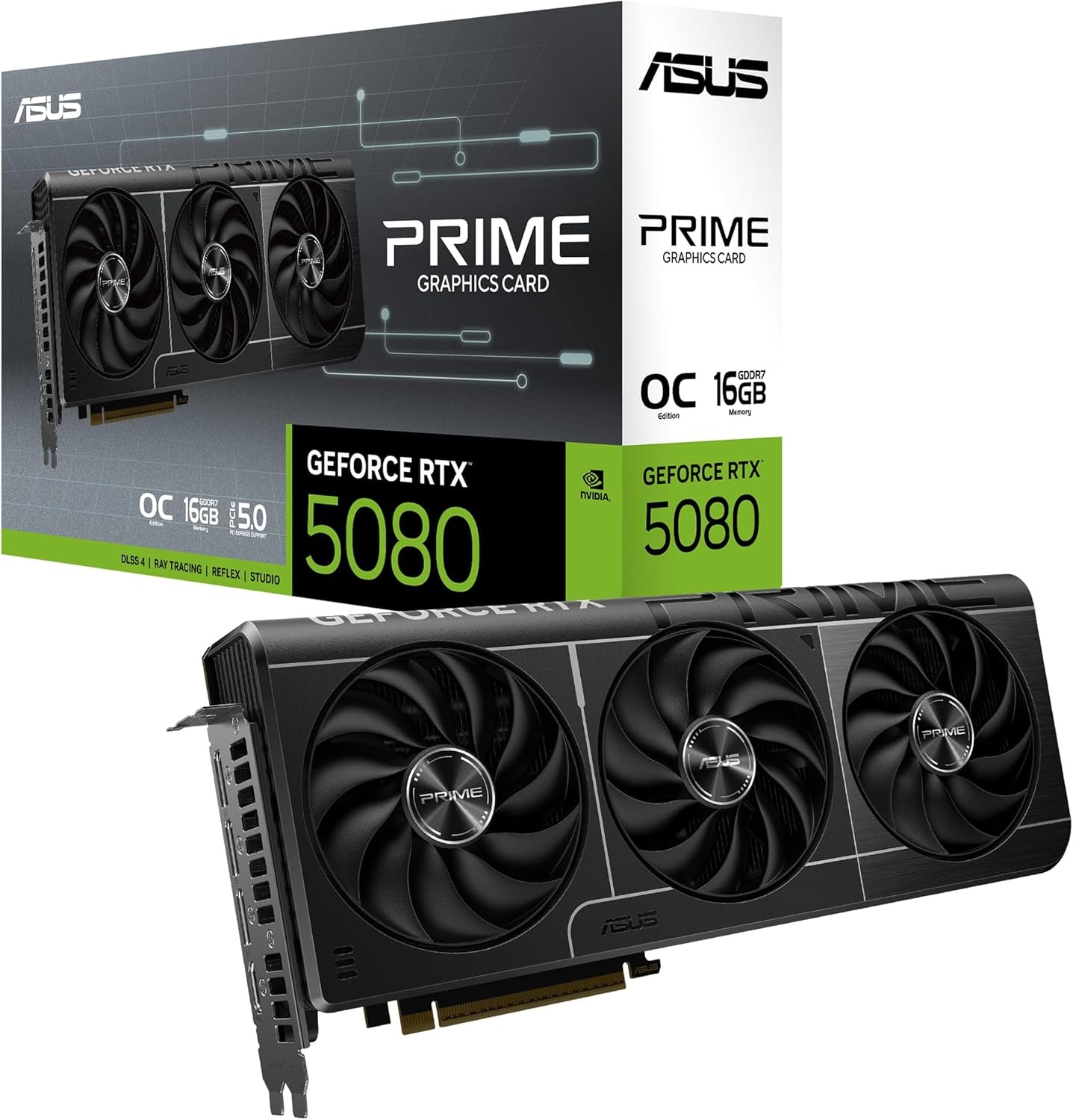 20032889e3e6070a8f70765a3b3bc37e.jpg ASUS Prime GeForce RTX 5080 OC Edition Graphics Card - 16GB GDDR7 with SFF-Ready Design, Vapor Chamber & Axial-Tech Fans - PRIME-RTX5080-O16G - Image 1