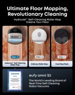 eufy Omni S2 Robot Vacuum and Mop Combo - 30,000Pa Suction with HydroJet 2.0 Self-Cleaning Roller Mop & 68-Day Self-Emptying - T2081111 (Black) - Image 9