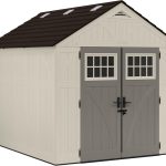 Suncast 8x10 FT Outdoor Storage Shed - Large Resin Shed with Floor, Lockable Double Doors & Skylights for Lawn Tools, Riding Mowers & Bikes