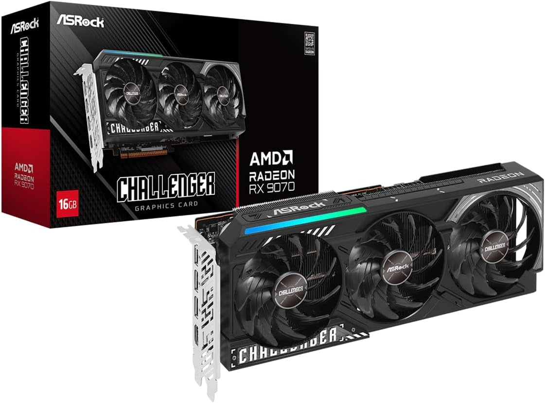3ce2f411efb6cfb111387a1626c7921e.jpg ASRock Radeon RX 9070 Challenger 16GB OC Graphics Card - RDNA 4, 2520MHz Boost, 16GB GDDR6, Triple Fan - RX9070 CL 16G - Image 1