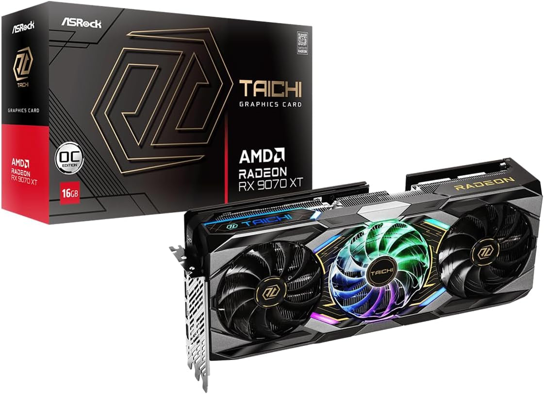 6f62bb388ed1b1e90484778f46fd184f.jpg ASRock Radeon RX 9070 XT Taichi 16GB OC Graphics Card - RDNA 4, 3100MHz Boost, 16GB GDDR6, Taichi 3X Cooling, Dual BIOS - RX9070XT TC 16GO - Image 1