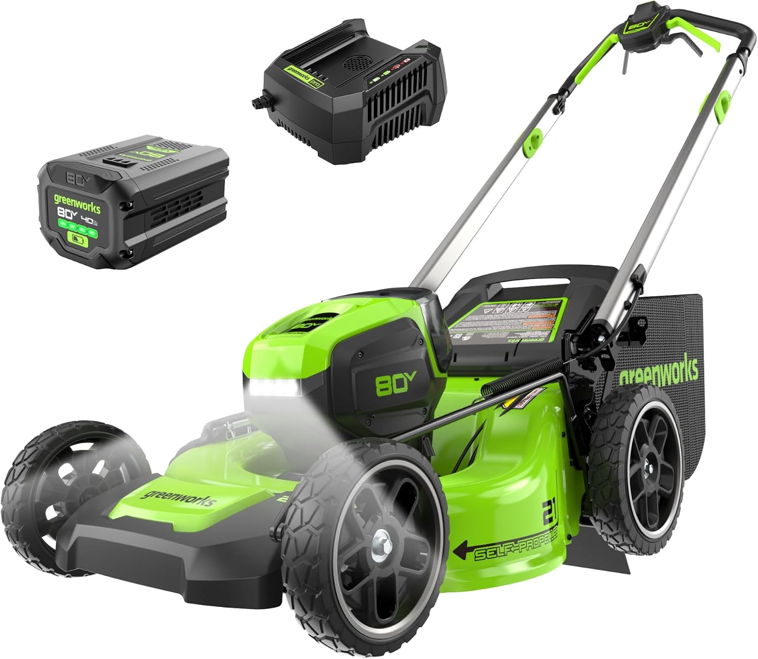 71SKDKouJWL._AC_SL1500.jpg Greenworks 80V 21" Self-Propelled Lawn Mower - Cordless Electric Mower with 4.0Ah Battery & Charger, Brushless Motor, LED Headlight for Lawn Care - Image 1