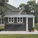 KEIKI 12x10 FT Outdoor Metal Storage Shed - Heavy Duty Steel Shed with 3 Clear Windows, Flower Rack & Lockable Door for Backyard, Garden & Patio