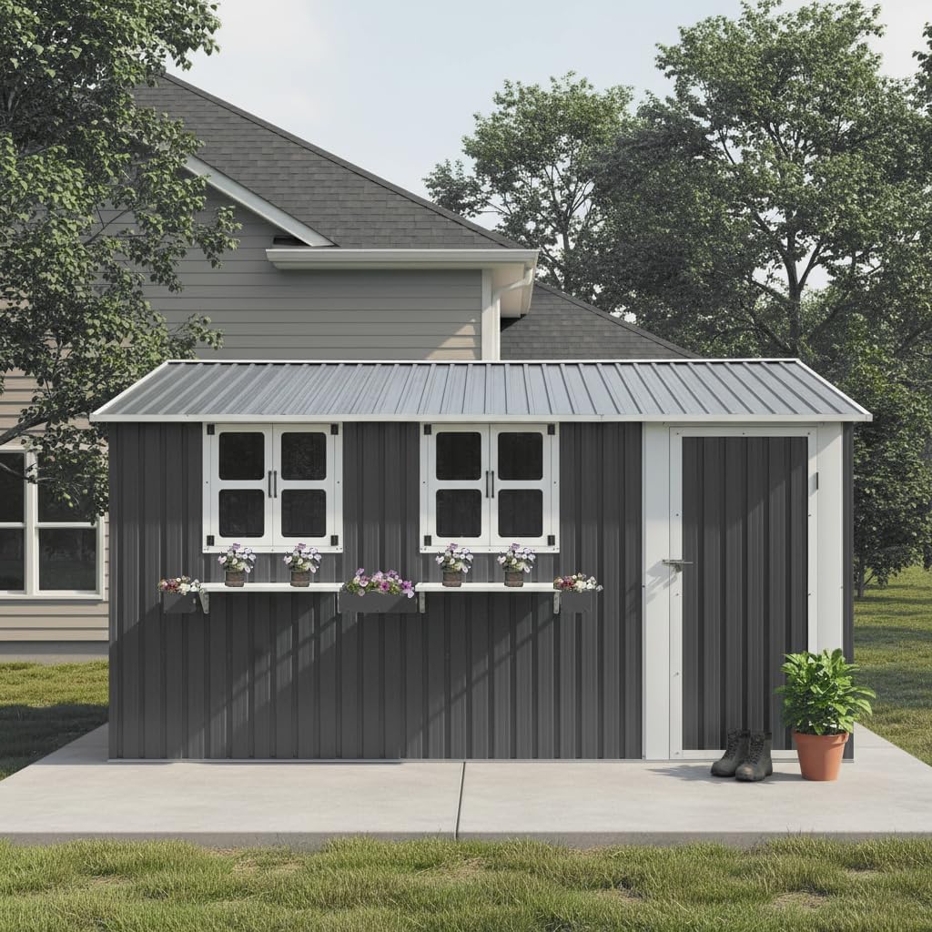 71ZbEmF4UiL._AC_SL1024.jpg KEIKI 12x10 FT Outdoor Metal Storage Shed - Heavy Duty Steel Shed with 3 Clear Windows, Flower Rack & Lockable Door for Backyard, Garden & Patio - Image 1
