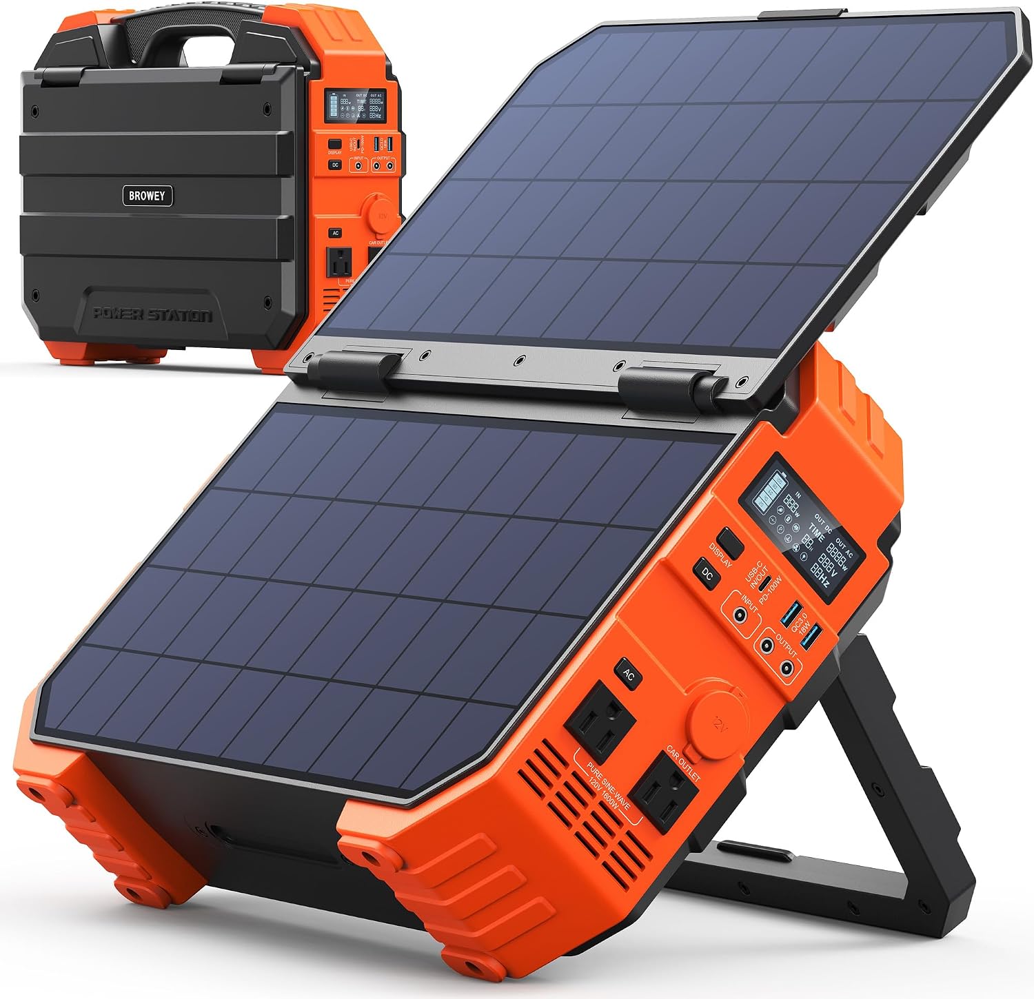 71m2bPUW6bL._AC_SL1500.jpg BROWEY S1600 Portable Power Station - 1024Wh LiFePO4 with 1600W Output & Built-in 40W Solar Panel - DS-S1600 (Orange) - Image 1