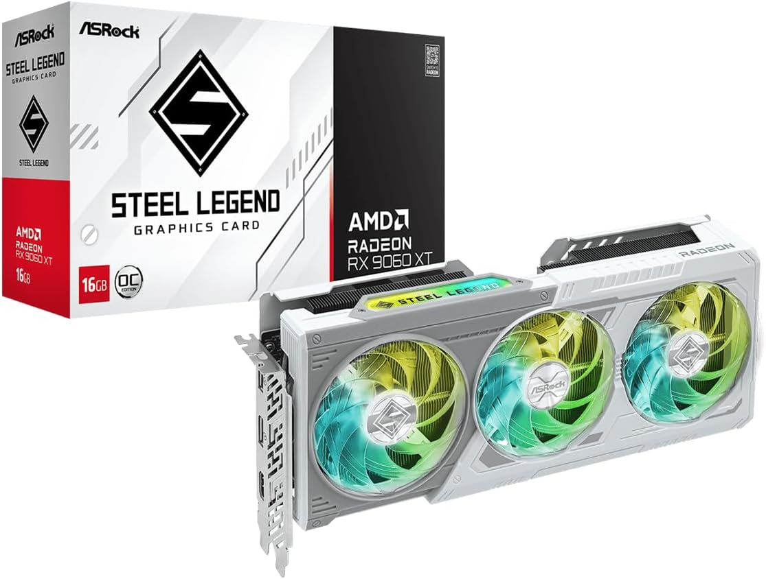 7db8b1a382c263cc3fed8b7c98b673c3.jpg ASRock Radeon RX 9060 XT Steel Legend 16GB GDDR6 OC Graphics Card - 3275 MHz Boost with Triple Fan 0dB Cooling & Polychrome SYNC RGB - RX9060XT SL 16GO - Image 1