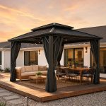 HOTEEL 10x12 FT Hardtop Gazebo - Galvanized Steel Double Roof with Flame-Retardant Curtains & Netting for Patio, Backyard & Outdoor Parties