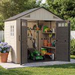Aoxun 8x6 Ft Outdoor Storage Shed with Floor - Large Resin Shed with Lockable Door & Windows for Lawn Tools, Pool Supplies & Bikes