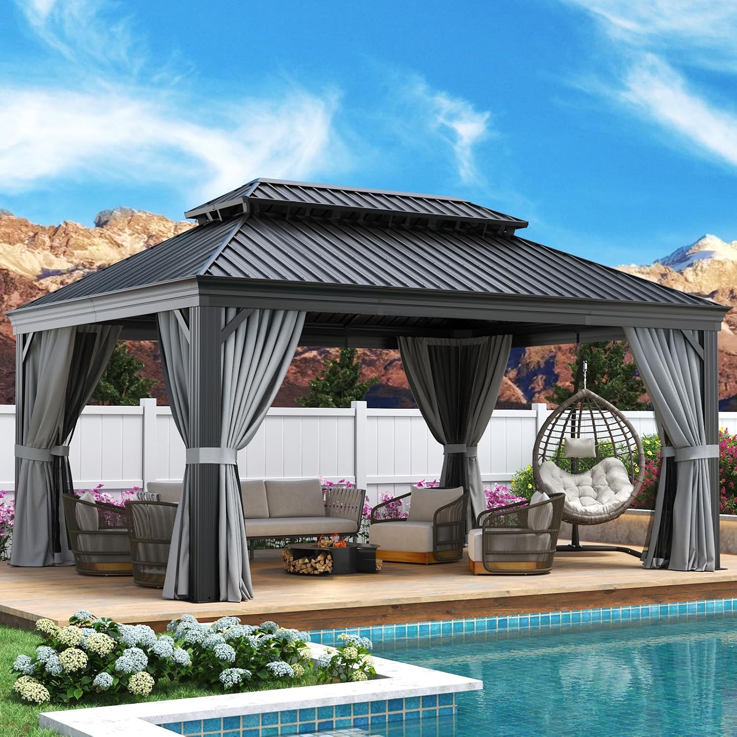 81FgC1lzpTL._AC_SL1500.jpg Aoxun 12x16 FT Hardtop Gazebo - Aluminum Outdoor Gazebo with Drainage System, Double Roof & Netting for Patio, Backyard & Gatherings - Image 1