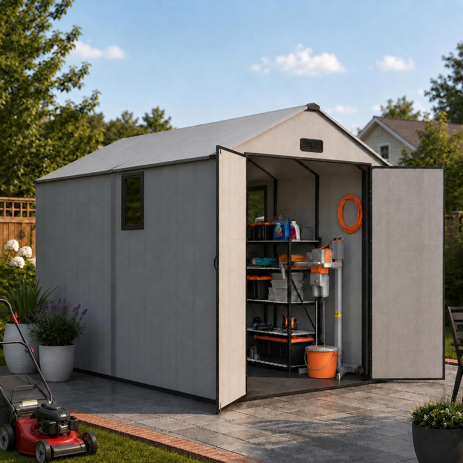 81X2-uzyCXL._AC_SL1500.jpg MNLR 6x10 FT Outdoor Storage Shed - Resin Shed with Floor, Window & Lockable Door for Garden Tools, Bikes & Lawn Mowers - Image 1