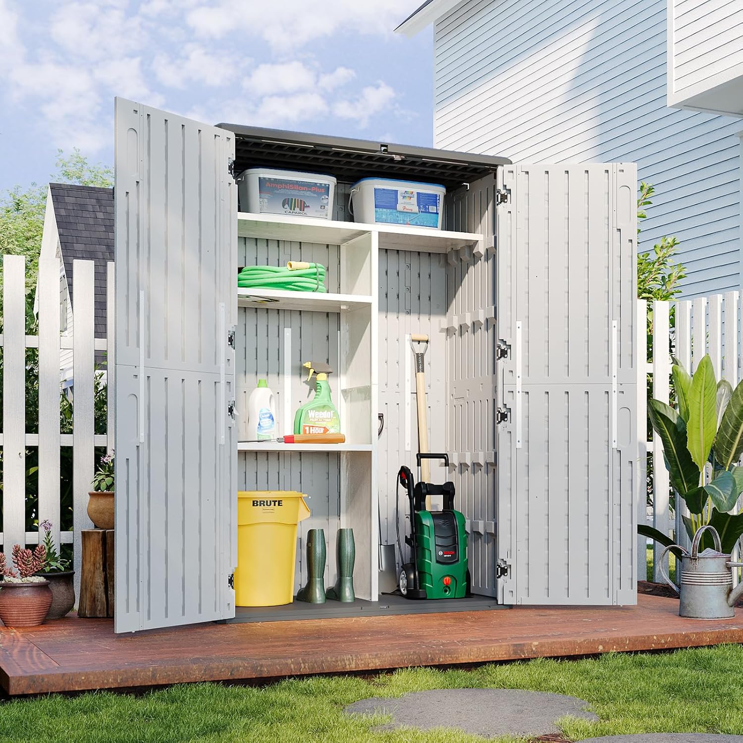 81ZxWJvUWfL._AC_SL1500.jpg Aoxun Resin Storage Shed - 64 cu ft Outdoor Shed with Metal Shelving Kit, Floor & 4-Door Design for Garden Tools & Equipment - Image 1