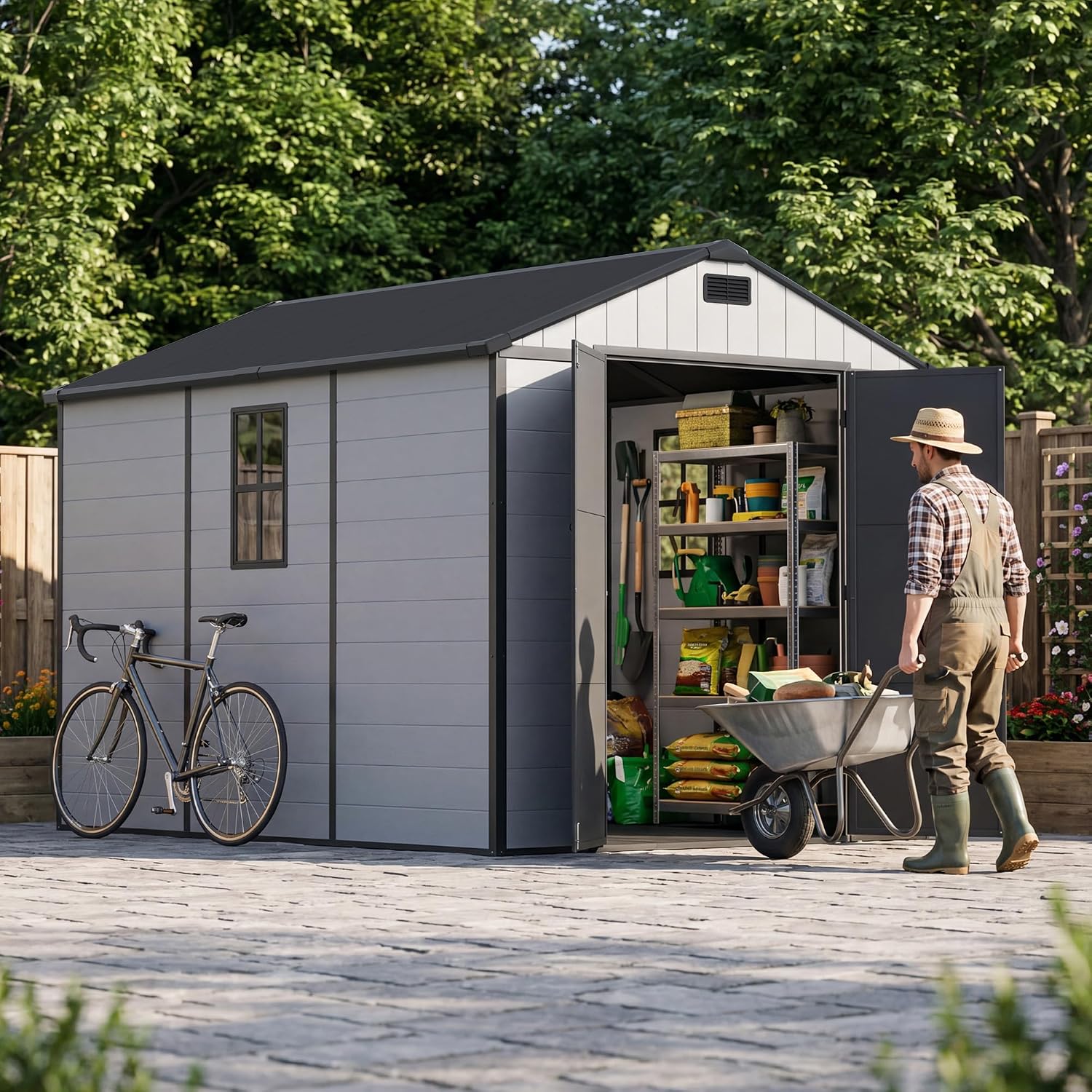 81bRBbpT1wL._AC_SL1500.jpg Patiowell 8x10 FT Outdoor Storage Shed - Resin Shed with Floor, Lockable Door & Window for Garden Tools, Bikes & Lawn Equipment - Image 1
