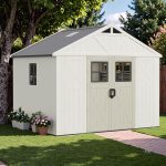 Greesum 10x8 FT Outdoor Storage Shed - Resin Shed with Floor, 3 Windows & Skylights for Garden Tools, Patio & Backyard Storage
