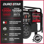DuroStar DS13000MX Dual Fuel Portable Generator - 13,000W Gas/11,500W Propane with Remote Electric Start & CO Alert - DS13000MX - Image 2