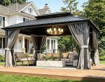 Aoxun 12x16 FT Hardtop Gazebo - Galvanized Steel Double Roof with Curtains & Netting for Patio, Backyard & Large Gatherings