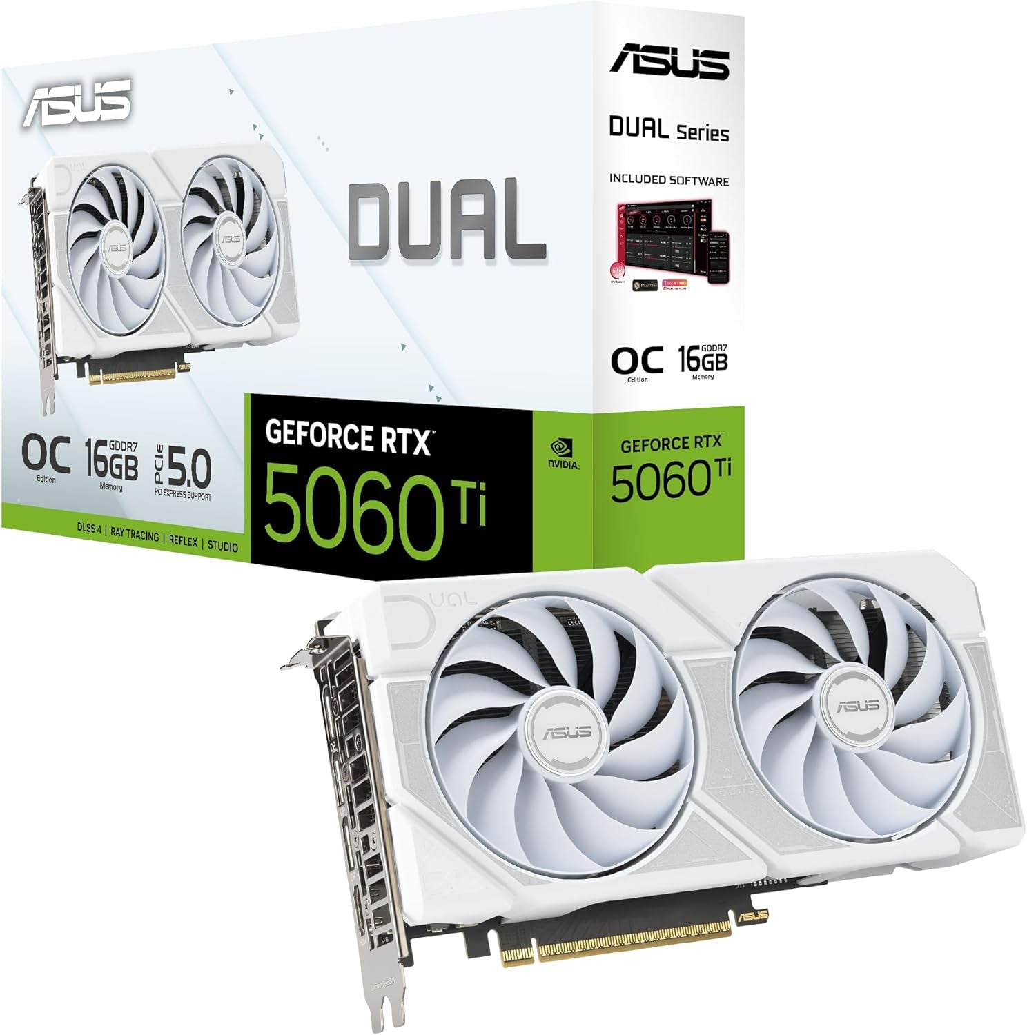 b687425f26330b3ae533e85314c8f562.jpg ASUS Dual GeForce RTX 5060 Ti 16GB GDDR7 White OC Edition Graphics Card - 16GB GDDR7 with Axial-Tech Fans & Dual BIOS - DUAL-RTX5060TI-O16G-WHITE - Image 1